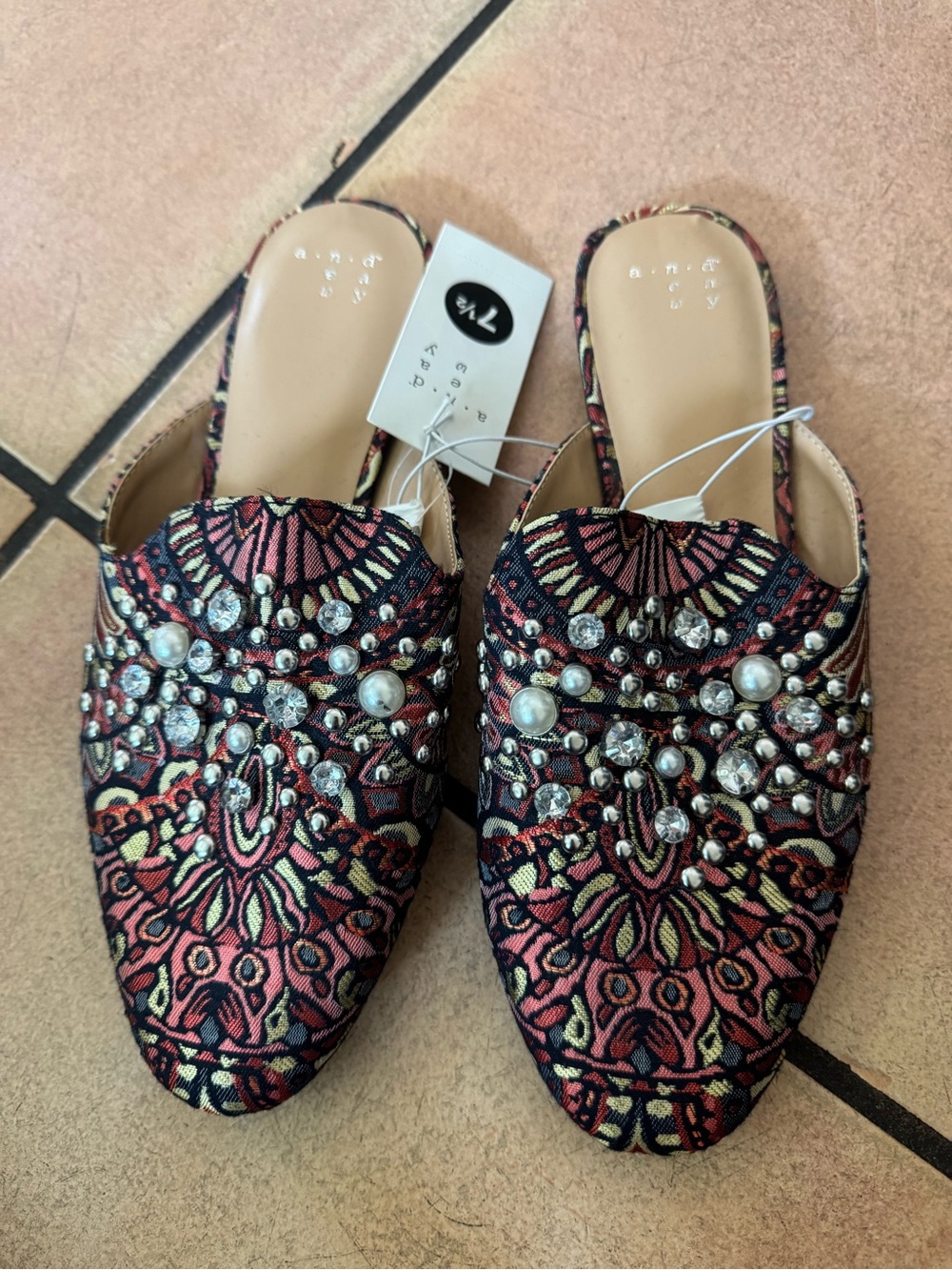 a new day multi color pearl bling mules/slides dressy brocade pattern